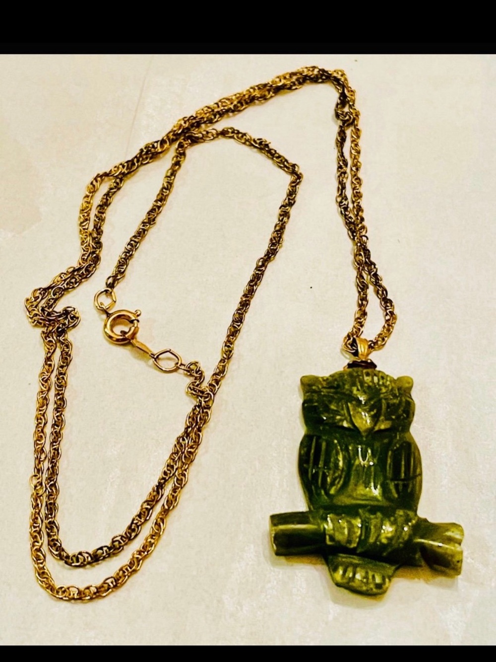 Vintage jade hand carved owl pendant and gold filled necklace